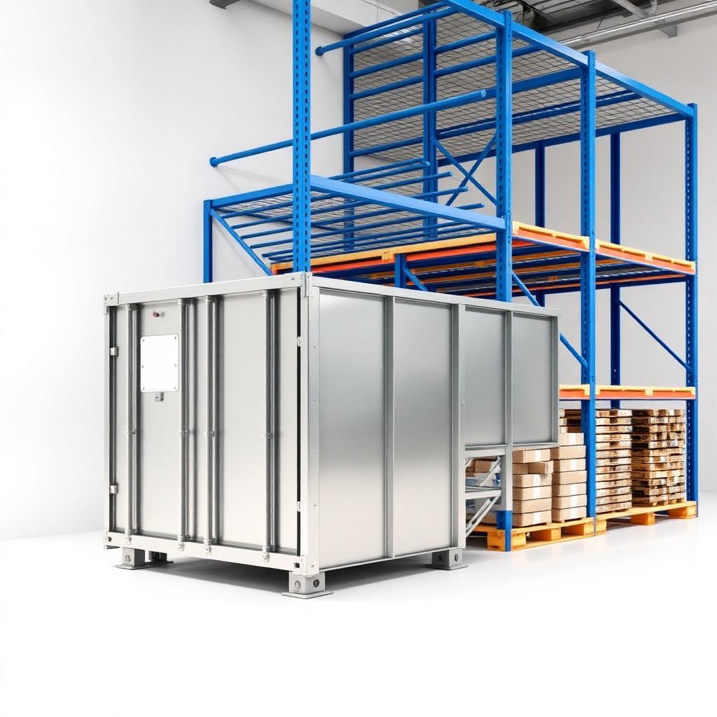 Estruturas e equipamentos de armazenamento em tons azul e branco