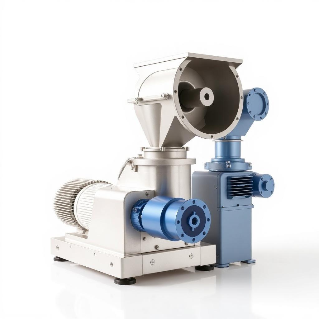 Equipamentos industriais de moagem e processamento em tons azul e branco
