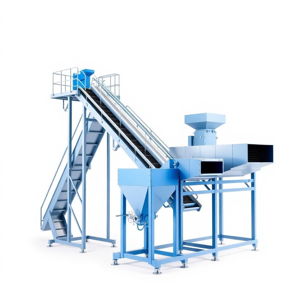 Equipamentos de transporte e alimentação de materiais em tons azul e branco